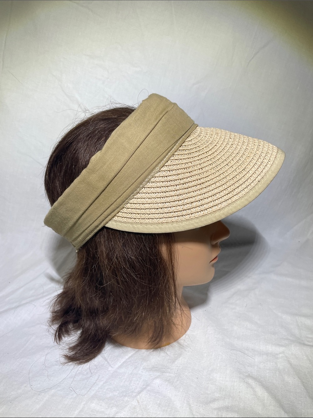 Beige Straw Sun Visor with Olive Headband